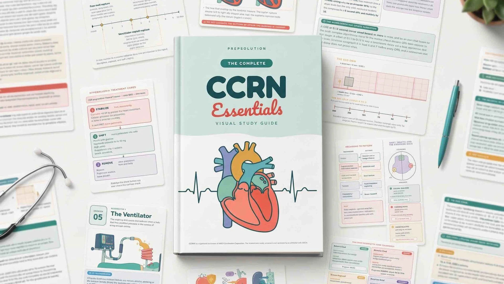CCRN Essentials — The Complete Visual Study Guide, surrounded by its illustrated chapter pages