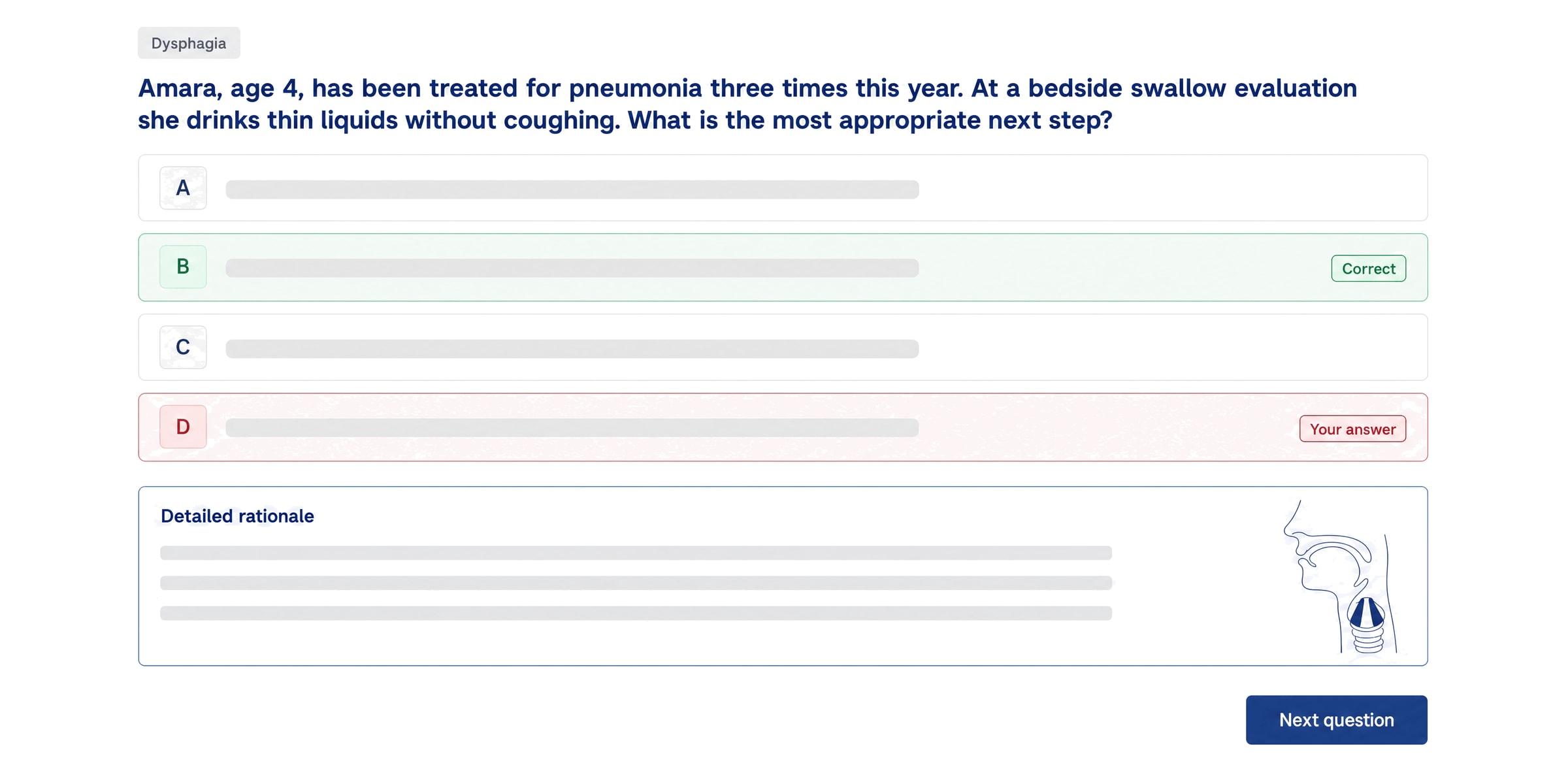 A SLP Praxis practice question in the app: the correct answer marked, the chosen wrong answer marked, and the detailed rationale open below
