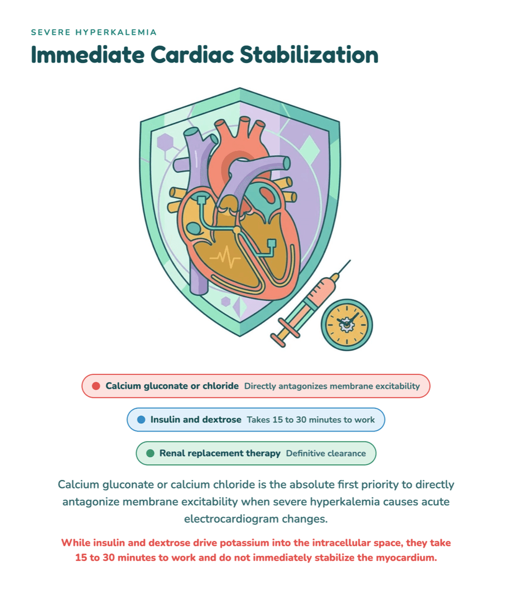 Illustrated teaching card on severe hyperkalemia: a shielded heart illustration with the treatment order — calcium first, then insulin and dextrose, then renal replacement therapy