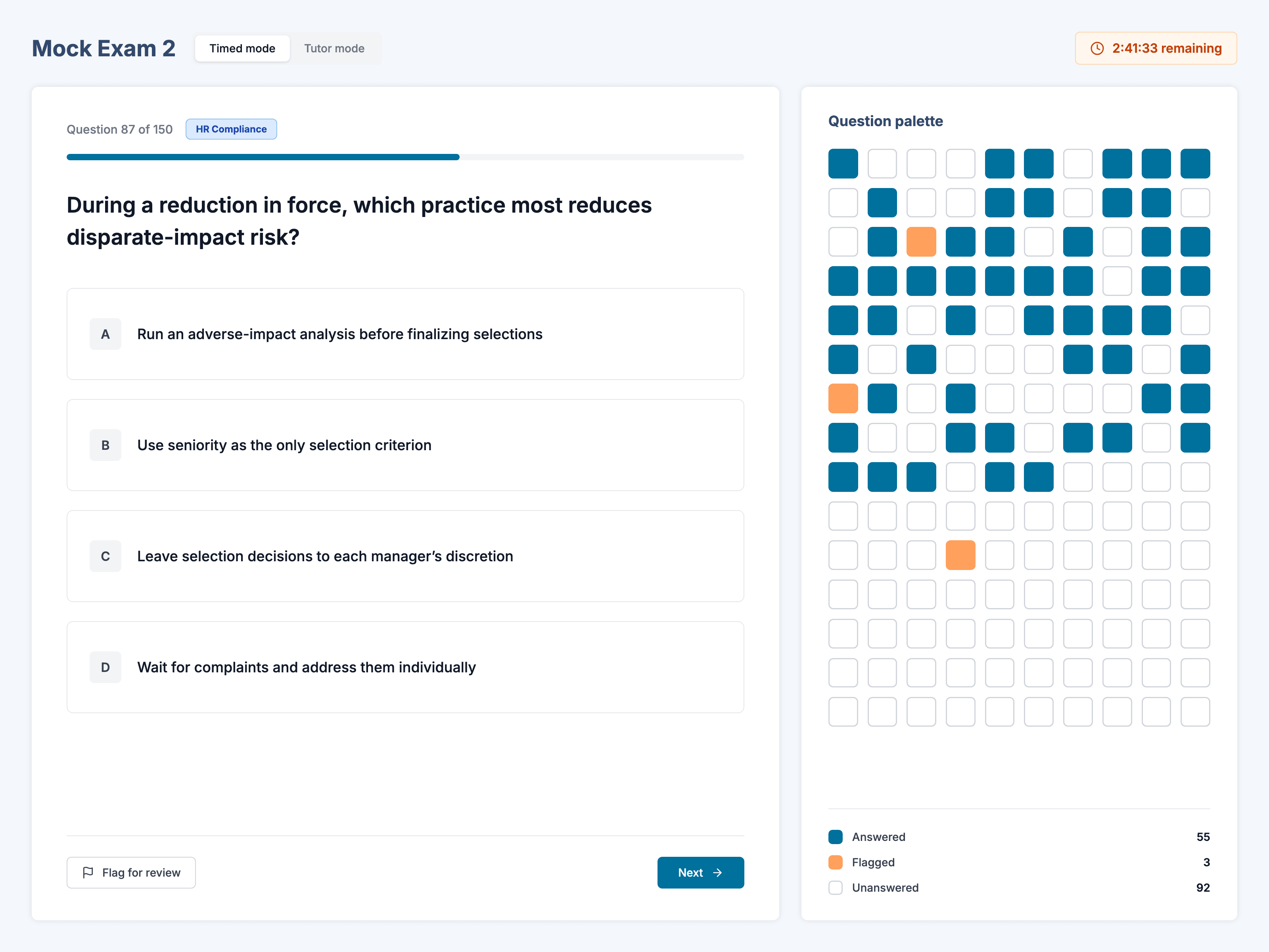A timed PHR mock exam with countdown clock, question palette, and flag-for-review controls
