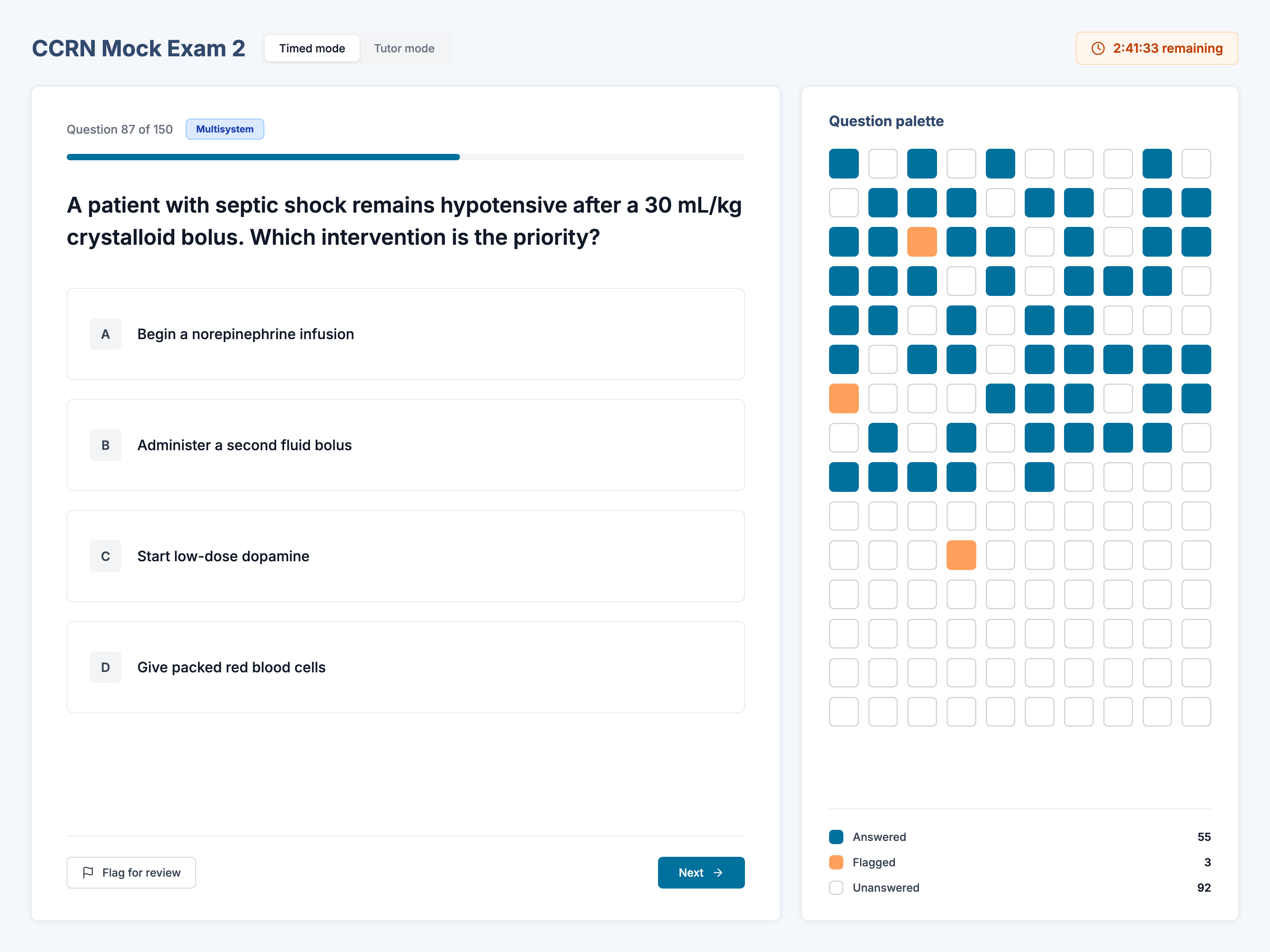 A timed NCE mock exam with countdown clock, question palette, and flag-for-review controls